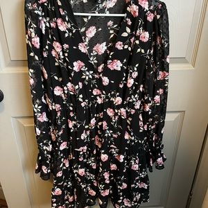 Fleur-ty Girl Black Floral Print Long Sleeve Babydoll Dress